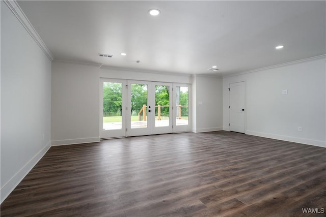 spare room with crown molding, french doors, baseboards, recessed lighting, and dark wood-type flooring