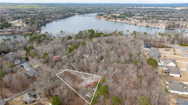 aerial view featuring a water view and a wooded view