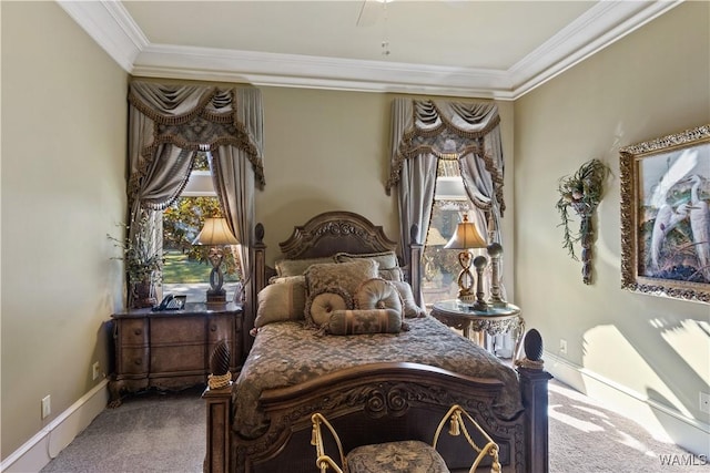 bedroom with carpet flooring and ornamental molding