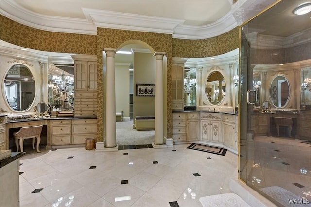 bathroom featuring decorative columns, tile patterned flooring, vanity, and ornamental molding