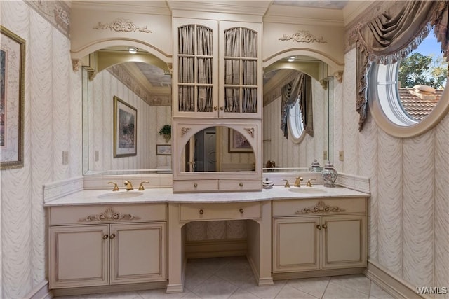 bathroom with vanity, tile patterned floors, and crown molding