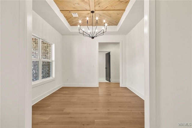 unfurnished dining area with wood ceiling, light hardwood / wood-style floors, a raised ceiling, and a chandelier