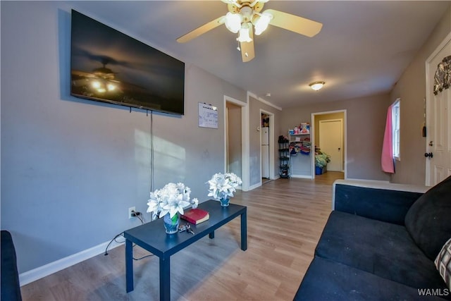 living room featuring ceiling fan and wood-type flooring