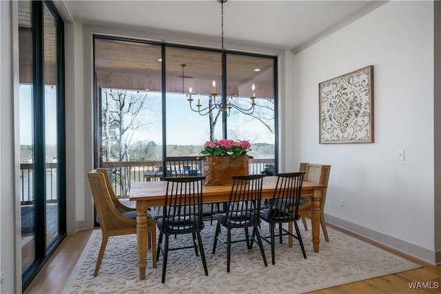 dining space with floor to ceiling windows, wood finished floors, baseboards, and a chandelier