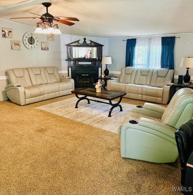 11624 Summer Chase Rd, Mccalla, AL 35111 - living area with a ceiling fan, a textured ceiling, carpet, and a fireplace