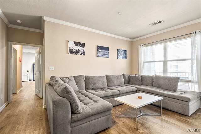 living room featuring ornamental molding and light wood-type flooring