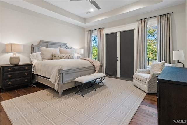 12437 Rising Tide, Northport, AL 35475 - bedroom with a tray ceiling, access to exterior, ceiling fan, and light wood-type flooring