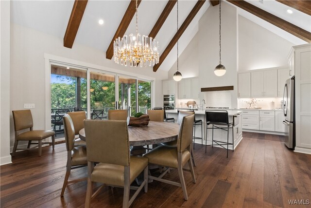 12437 Rising Tide, Northport, AL 35475 - dining area featuring beamed ceiling, dark hardwood / wood-style flooring, high vaulted ceiling, and an inviting chandelier