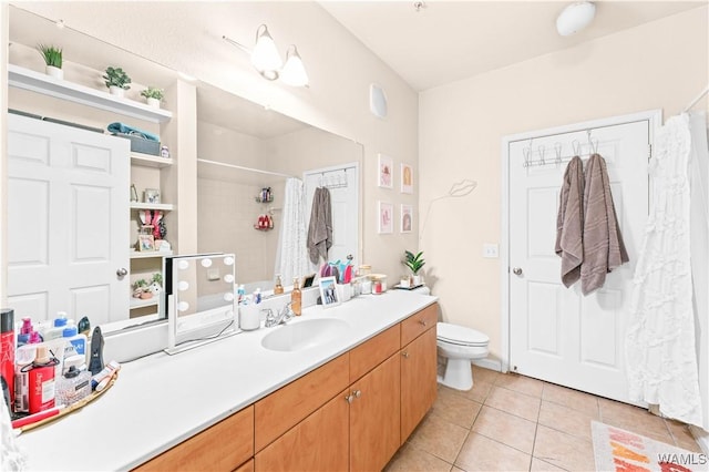 full bathroom with toilet, a shower with curtain, vanity, and tile patterned floors