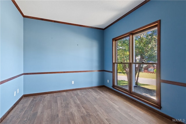 empty room featuring wood-type flooring and ornamental molding