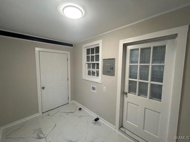 laundry room featuring marble finish floor, hookup for a washing machine, laundry area, electric panel, and baseboards