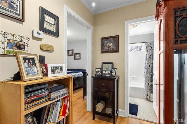 hallway with crown molding and light hardwood / wood-style flooring