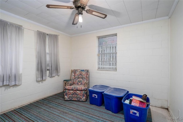 interior space featuring ornamental molding, carpet floors, and ceiling fan