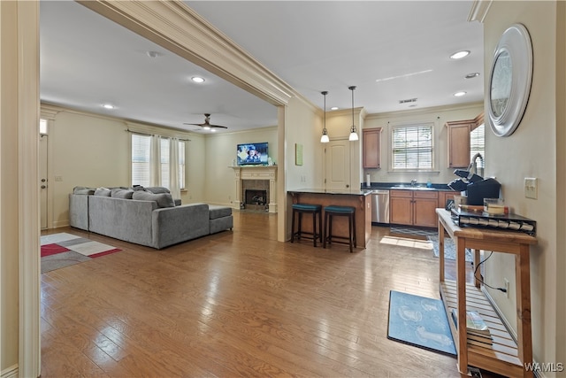 living room with hardwood / wood-style flooring, ceiling fan, ornamental molding, and sink