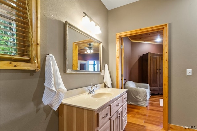 bathroom featuring vanity, ceiling fan, and wood-type flooring