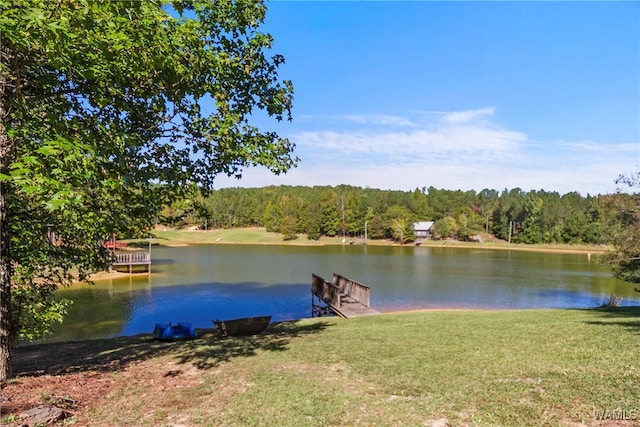 view of dock featuring a lawn and a water view