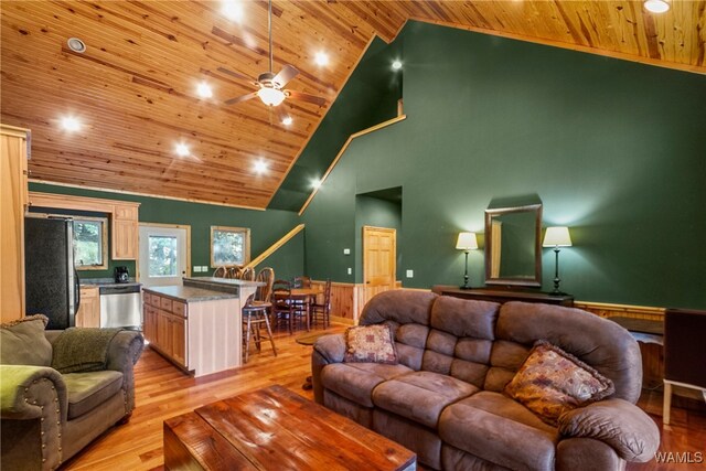 living room featuring ceiling fan, wooden ceiling, high vaulted ceiling, and light hardwood / wood-style flooring