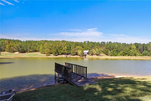 view of dock featuring a lawn and a water view