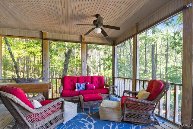 sunroom with wood ceiling, ceiling fan, and a healthy amount of sunlight