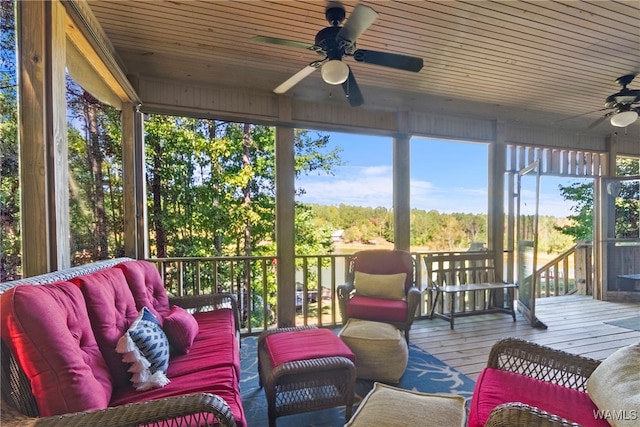 sunroom / solarium featuring ceiling fan and wooden ceiling