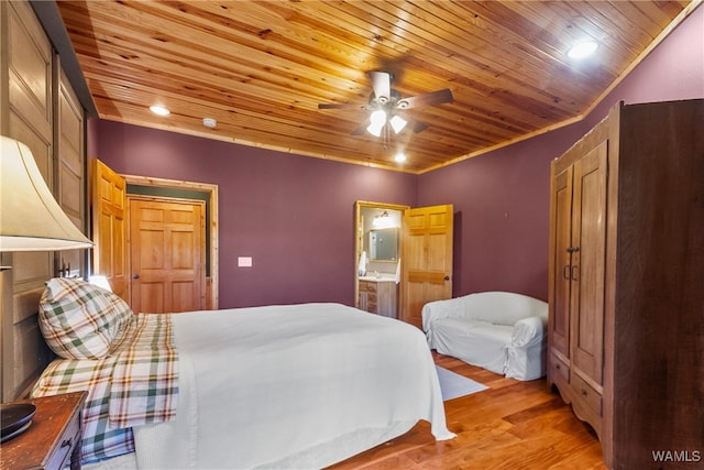 bedroom with light wood-type flooring, crown molding, ceiling fan, and wooden ceiling