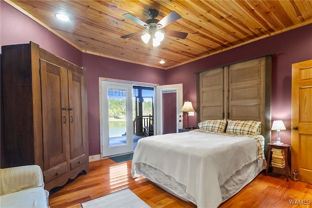 bedroom featuring ceiling fan, light wood-type flooring, access to outside, wood ceiling, and ornamental molding