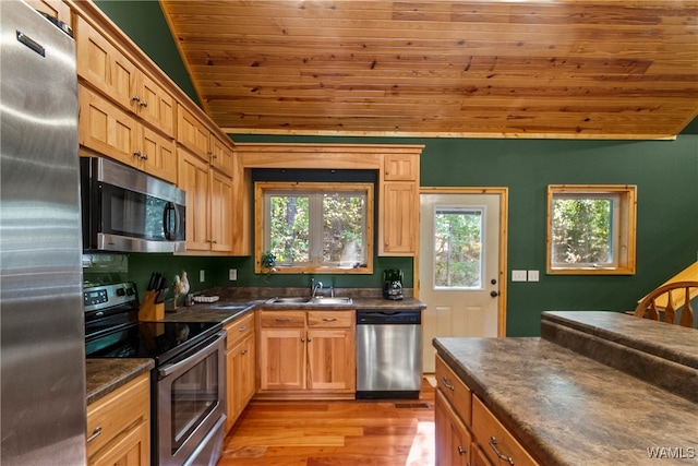 kitchen featuring sink, wooden ceiling, light hardwood / wood-style floors, vaulted ceiling, and appliances with stainless steel finishes