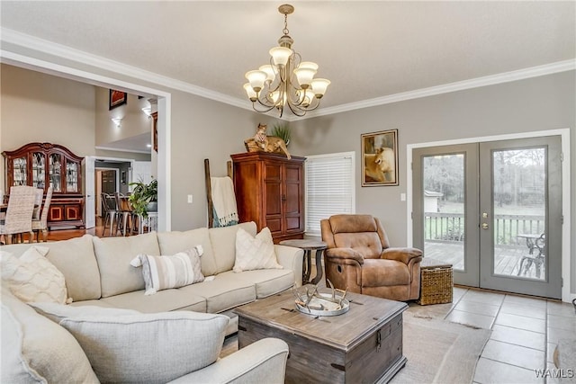 living area featuring ornamental molding, french doors, an inviting chandelier, and light tile patterned floors