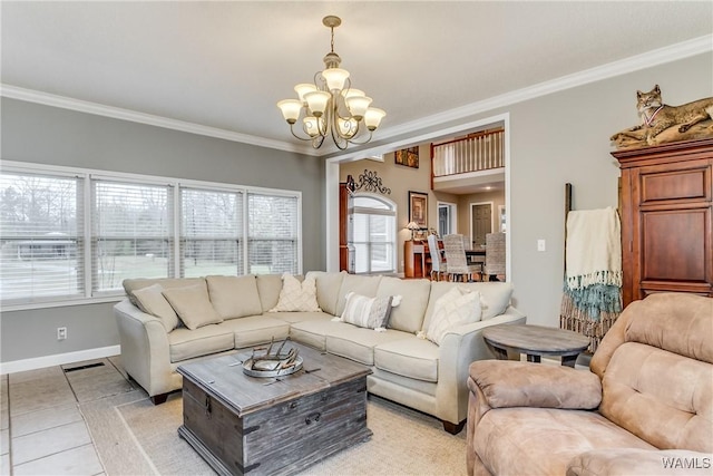 living room with baseboards, visible vents, an inviting chandelier, crown molding, and light tile patterned flooring