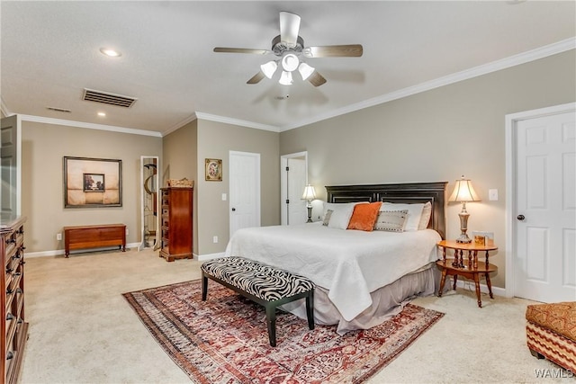 bedroom with light carpet, visible vents, and crown molding