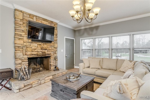 living area featuring tile patterned flooring, a fireplace, ornamental molding, and a chandelier