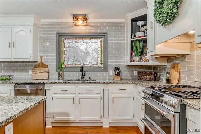 kitchen with stainless steel appliances, a sink, light wood-style floors, white cabinets, and decorative backsplash