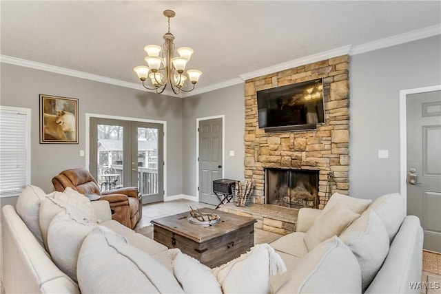 living area with french doors, a notable chandelier, a fireplace, light tile patterned floors, and ornamental molding