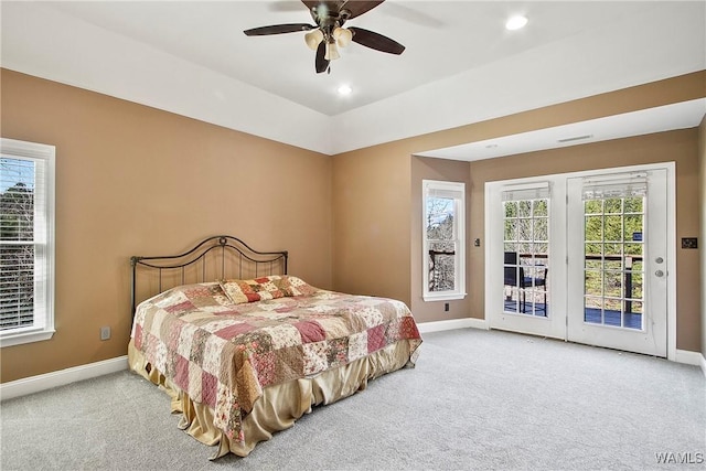 carpeted bedroom featuring ceiling fan and access to outside