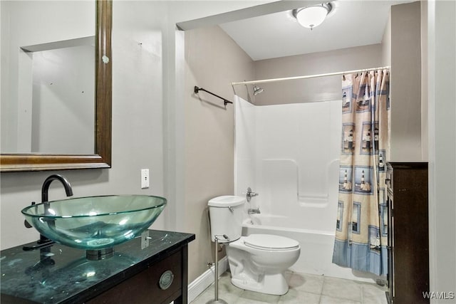 full bathroom featuring toilet, shower / tub combo, tile patterned flooring, and vanity