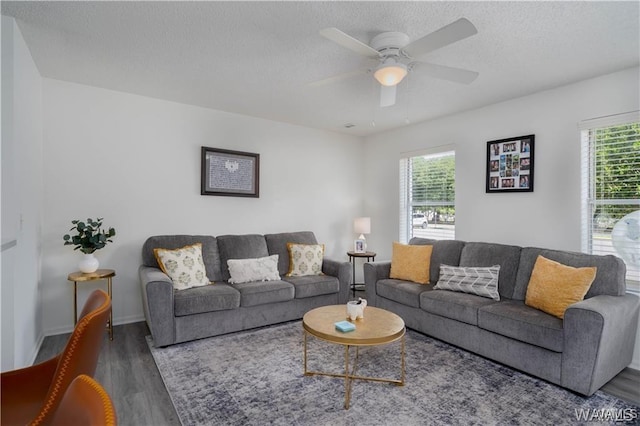1009 12th St Unit 22, Tuscaloosa, AL 35401 - living area featuring wood finished floors, plenty of natural light, a textured ceiling, and a ceiling fan