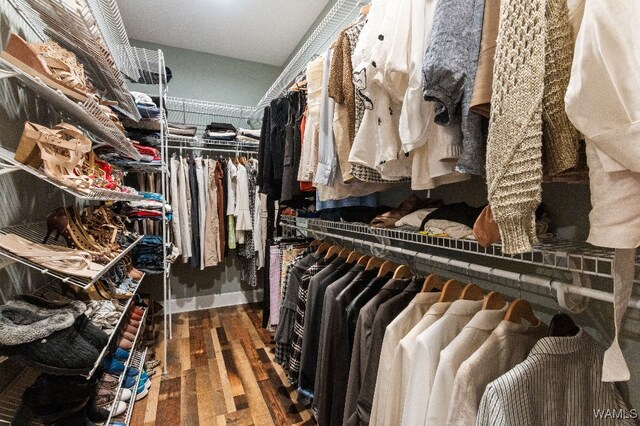 spacious closet with dark hardwood / wood-style floors