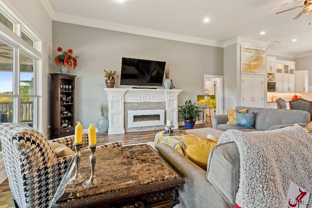 living room with ceiling fan, hardwood / wood-style flooring, and crown molding