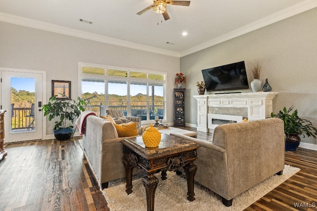 living room featuring crown molding, a wealth of natural light, a premium fireplace, and dark wood-type flooring