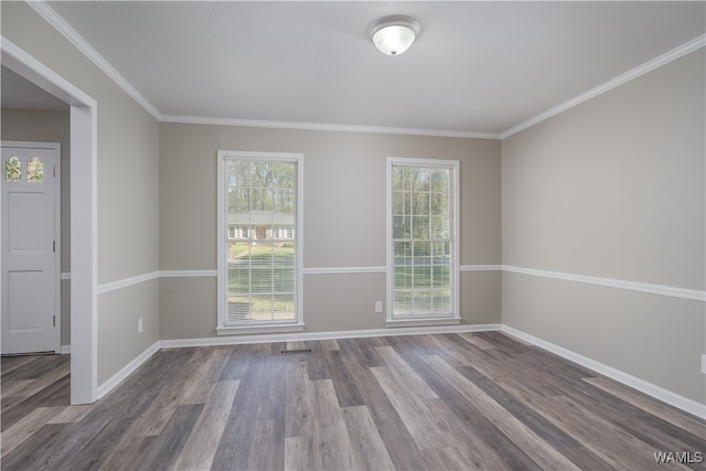 spare room featuring wood-type flooring and ornamental molding