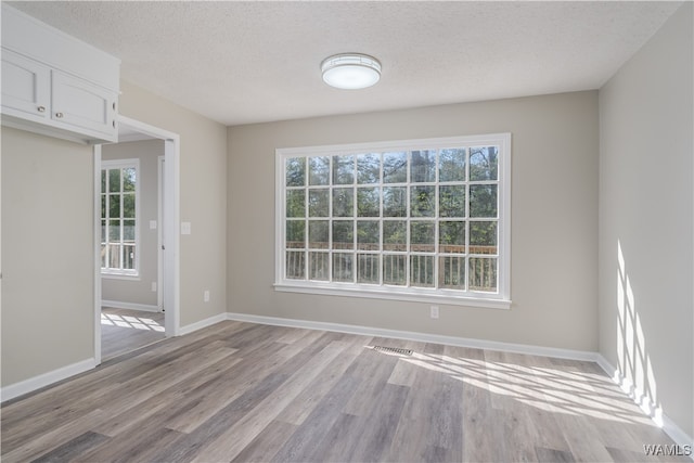 unfurnished room with a textured ceiling and light hardwood / wood-style flooring