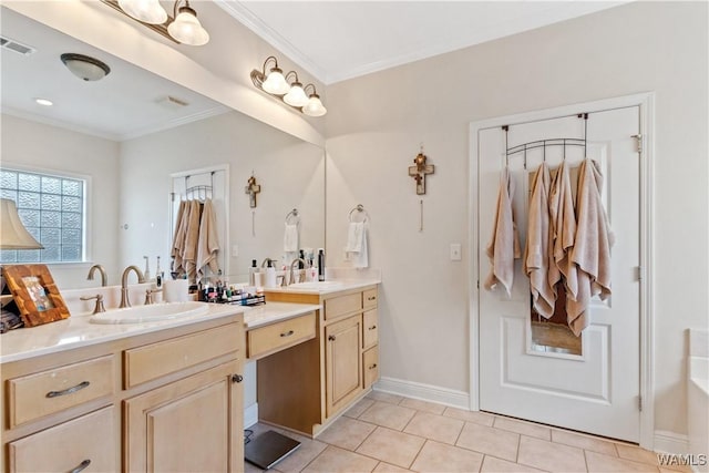 full bathroom featuring tile patterned floors, baseboards, visible vents, vanity, and ornamental molding