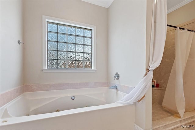 full bath with a shower with shower curtain, a bath, and a healthy amount of sunlight