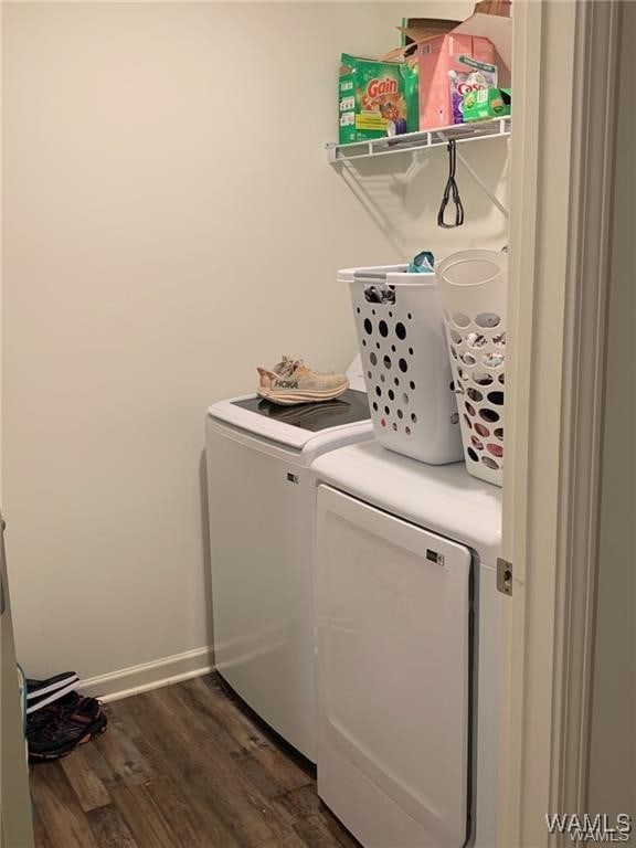 7106 Dowery Dell Way, Northport, AL 35473 - washroom featuring baseboards, laundry area, dark wood finished floors, and washer and clothes dryer
