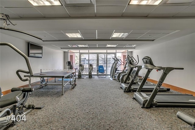 1018 Hackberry Ln Unit 404, Tuscaloosa, AL 35401 - workout area with carpet flooring, a paneled ceiling, and expansive windows