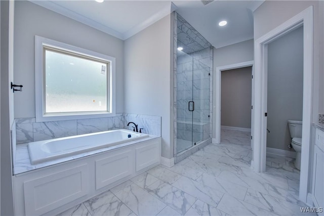 bathroom featuring toilet, ornamental molding, and plus walk in shower