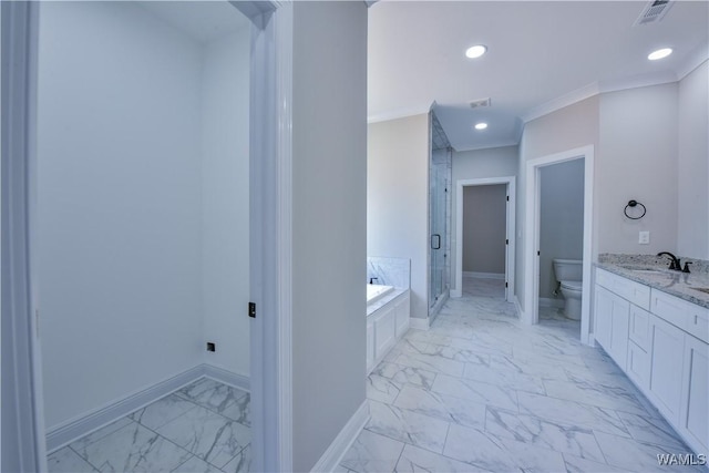 full bathroom with vanity, crown molding, plus walk in shower, and toilet