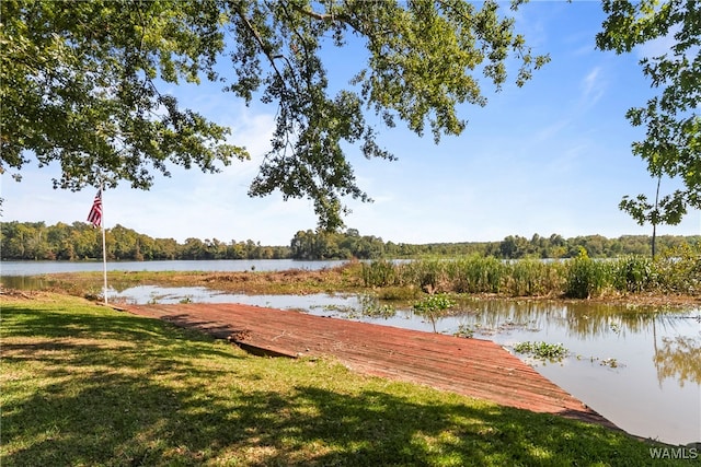 dock area with a water view and a yard