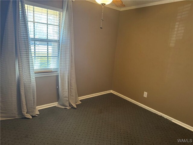 carpeted spare room featuring crown molding and ceiling fan