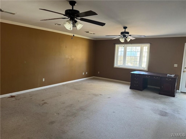 unfurnished room featuring ornamental molding, light carpet, and ceiling fan